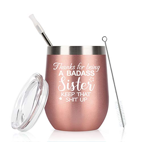 Sister Gifts-A Badass Sister Wine Tumbler for Women, Funny Christmas Birthday Gifts for Sister Soul Sister in Law Sister Friends, Stainless Steel Insulated Tumbler with Lid(12oz, Rose Gold)