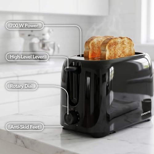 Image of OVENTE Electric 2 Slice Toaster Machine with 6-Shade Browning Selector Setting, Compact Design and Removable Crumb Tray, 700W Power Perfect for Toasting Bread, Thin Bagels and Waffles, Black TP2210B
