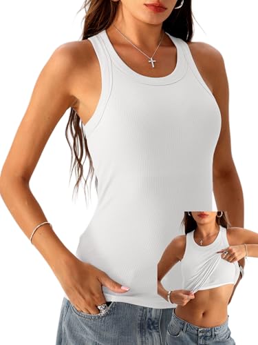 Danysu Débardeur à dos nageur avec soutien-gorge intégré pour femme - Col haut côtelé, Ange blanc, Taille M