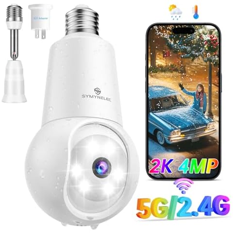 SYMYNELEC Light Bulb Security Camera: 5g WiFi Socket Camera Outdoor - Wireless Lightbulb Camera Waterproof for Home with Night Vision Motion Detection Cover