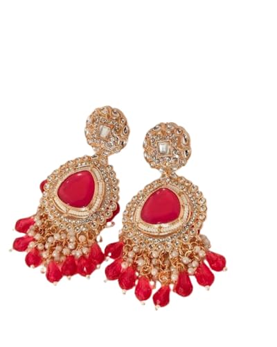 Image of Royal Kundan Pearl Chandbali Earrings Traditional Indian Jewellery with Wine multi Stones and Pearl Beads for womens