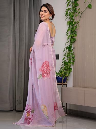 Image of ALMAARI FASHIONWomen's Floral Printed Organza Saree with Unstitched Blouse Piece | Traditional Ethnic Wear Sarees | Soft Lightweight Ethnic Office Wear Daily Wear Indian Sari (ORGANZA 121-130 H)