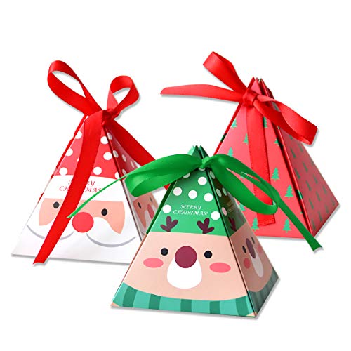 Christmas Candy 3D Treat Boxes Boxes 30 Pack of 3 Patterns?Santa/Reindeer/Christmas Tree?with Tags and Ribbon for Holiday Xmas Goody Gift, Goodie Paper Boxes