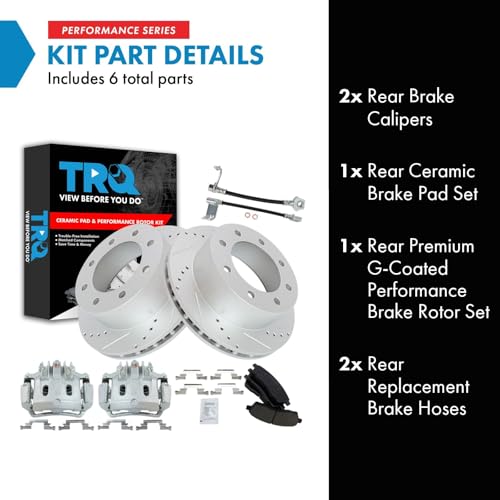 Image of TRQ Rear Brake Pad & Rotor Kit Slotted X Drilled Performance Ceramic Premium G-Coated Driver & Passenger Side Compatible with 2000-2005 Ford Excursion 2001 F-250 Super Duty 2000-2001 F-350 Super Duty