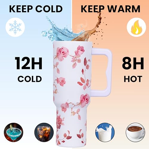 Image of Tumbler with lid and Straw 1200ML Cup Stainless Steel Vacuum Insulated Tumbler for Water, Iced Tea or Coffee 1.2L Office Gym Travelling (White Rose)