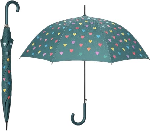 Genérico Guarda-chuva comprido que muda de cor com a chuva, manual - design de corações, antivento e resistente à água, manga curva, 100 cm, verde