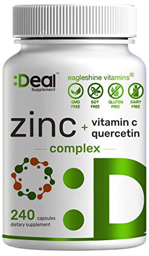 Zinc 50mg with Vitamin C & Quercetin, 4-1 Zinc Complex, 240 Capsules, Immune Support- Up To 8 Months Supply, Premium Zinc Quercetin Supplements