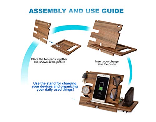 TESLYAR Natural Walnut Wood Phone Docking Station Ash Key Holder Wallet Stand Watch Organizer Men Gift Husband Wife Anniversary Dad Birthday Nightstand Purse Father Graduation Male Travel Idea