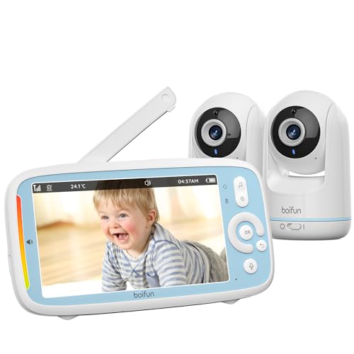 BOIFUN Babyphone 2 Cameras 5 Pollice Panoramica 360°, Schermo IPS, Visione Notturna Infrarossi Invisibile, Barra del Volume, 3050mAh, Monitorare Due Pezzi