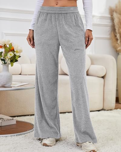 Bsubseach Wide Leg Pants Woman - Terry Cloth Casual Palazzo Pant High Waisted Baggy Lounge Trousers with Pockets Grey L3