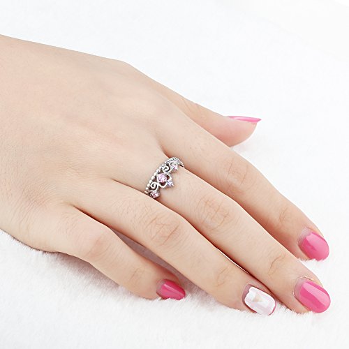 925 Sterling Silver Princess Heart Crown Pink & Purple CZ Band Ring, Size 6 7 82