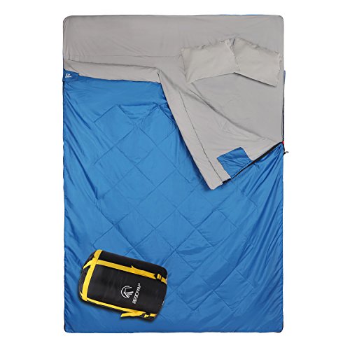 REDCAMP Double Sleeping Bag for Camping,2 Person Sleeping Bags with 2 Pillows, Queen Size Blue 3.3lbs Filling(75+12)