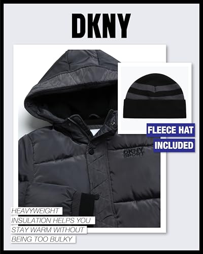 DKNY Boys' Winter Jacket - Midweight Polar Fleece Lined Quilted Insulated Parka Puffer Down Coat with Beanie Hat (Sizes:8-20)3