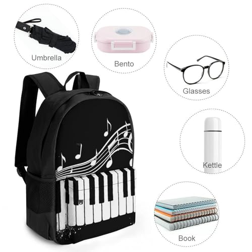 Daypack Bookbag Multipurpose Anti-Theft Big Capacity Carry On Bag - Black And White Piano Keys With Musical Notes Travel Hiking & Camping Rucksack With Padded Straps4