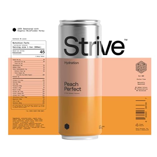 Image of Strive Soda Peach Perfect - Sparkling Hydration Soda with Electrolytes & Organic Honey - Peach & Lemon Naturally Sweetened Drink - No Artificial Sweeteners or Preservatives - 12 Pack Cans