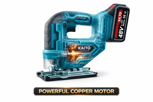 Image of KAITO 48V Cordless Jig Saw Brushless Motor Machine | 3000 SPM Variable Speed | 65MM Cutting Depth | 0-45 Bevel Cut | 3 Orbital Settings | Dual Battery with Charger | Wood, Metal & PVC Cutting Tool