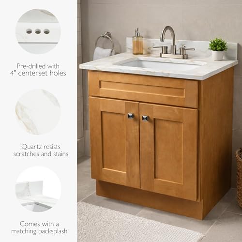 Image of Design House Single Sink Vanity Top, 31 inch, Calesco Calacatta | With Backsplash and Side Splash, , Countertop, Contemporary /Modern, Quartz, 2-Piece, Bath, 227900-CC-CCSS