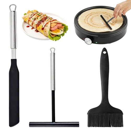 3 Stück Crepes Verteiler Set Crepes Wender aus Edelstahl & Silikon Pfannkuchenverteiler mit langem Griff Backpinsel für Crêpes Pfannkuchen Tortillas Zuhause Küche Backen Kochen Backwerkzeuge