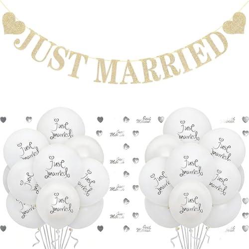 Wedding Decorations, Just Married Banner with 20 Balloons, 21-Piece Set for Wedding Decorations, Romantic Engagement Party Supplies, Anniversary Celebration Decor