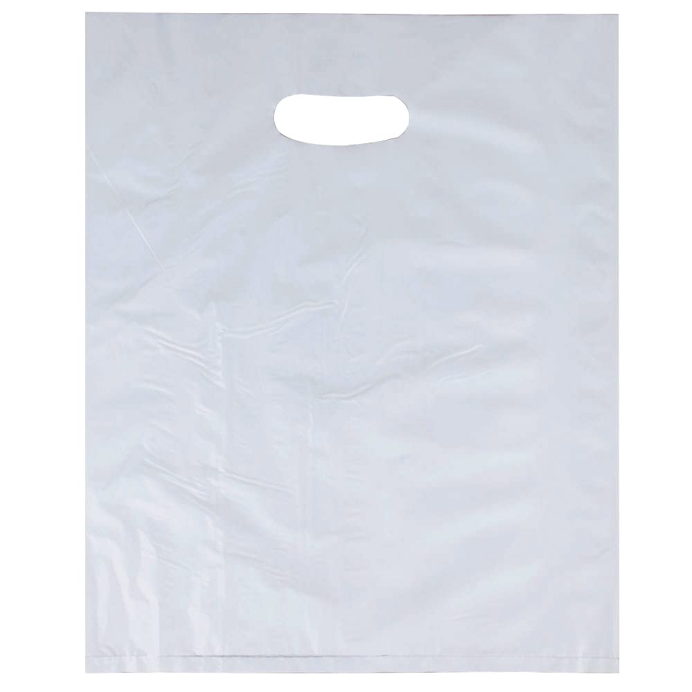 Venuscello® 100 x White Patch Handle Carrier Bags 10" x 12" x 4" Plain Poly Die Cut for Carry Vegetables, Cloths, Grocery and Shopping