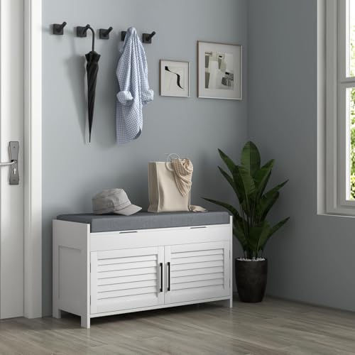 Shoe Bench, Entryway Bench with Shoe Storage, Cushion, Hidden Compartments, Adjustable Shelves and Shutter Doors, 35.4" Shoe Organizer for Entryway, Hallway, Holds Up to 352 lbs, White - Image 2