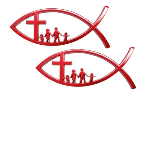 Image of DXNQ 2PCS Jesus Fish Decal Sticker, 3D Car Decal Jesus Christian Fish Symbol Chrome Emblem, Faith Stickers Religious Metal Badge Auto Decor for Truck Motorcycle Fridge (Red, New)