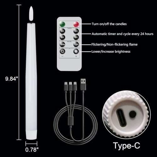 Image of GenSwin Rechargeable Flameless LED Taper Candles Battery Operated Remote | White, 3 Pack, Real Wax 3D Flameless Flickering, 0.78 inch x 9.84 inch, 2 /4 /6 /8H Timer, Candlesticks for Wedding & Holiday Decor
