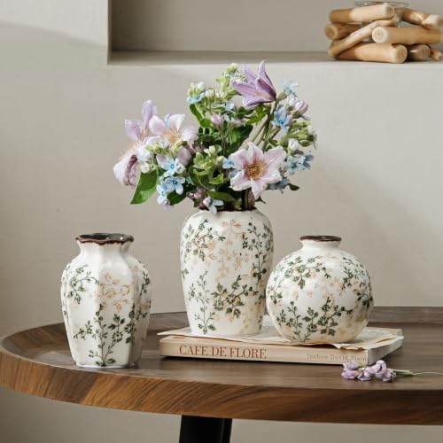 Image of Ceramic Flower Mini Vase for Decor | Vintage Small Green Rustic Vases, Farmhouse Room Decor Vase for Home, Coffee Table, Bookshelf, Centerpieces and Dinner Room, 3.8+4.6+4.7 inch Set of 3