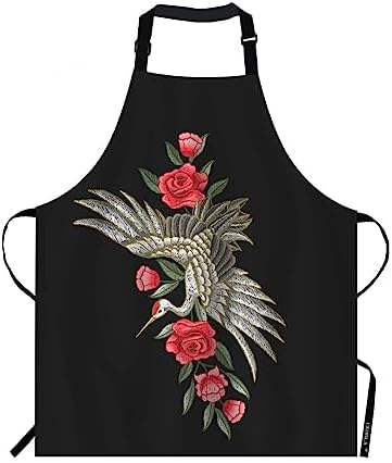 EKOBLA Crane Aprons Japanese White Crane Flowers Embroidered Traditional Culture Waterproof Resistant Chef Cooking Kitchen BBQ Adjustable Aprons for Women Men 27x31 Inch