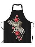 EKOBLA Crane Aprons Japanese White Crane Flowers Embroidered Traditional Culture Waterproof Resistant Chef Cooking Kitchen BBQ Adjustable Aprons for Women Men 27x31 Inch