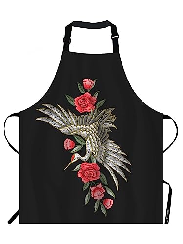 Ekobla Crane Aprons Japanese White Crane Flowers Embroidered Traditional Culture Waterproof Resistant Chef Cooking Kitchen Bbq Adjustable Aprons For Women Men 27X31 Inch #TOP17
