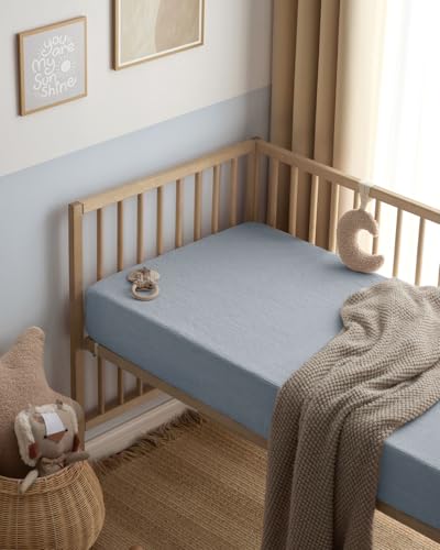 Image of Blissful Diary Muslin Crib Sheets, 2 Pack, Light Blue & Grey | fitted for 52''x28'' crib mattress, soft and breathable cotton, boho style, easy care for machine wash, gift for boy and girl
