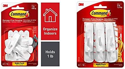 Command 17002-VP-6PK Small Hooks with Strips Value Pack - White, Pack of 1 & Medium Utility Hooks Value Pack 6 Hooks 12 Command Adhesive Strips
