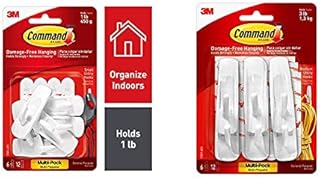 Command 17002-VP-6PK Small Hooks with Strips Value Pack - White, Pack of 1 & Medium Utility Hooks Value Pack 6 Hooks 12 Command Adhesive Strips