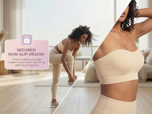 Image of PRETTYWELL Strapless Bra for Women Ribbed Seamless Non-Slip Comfort Padded Wireless Bandeau Bras Wireless Tube Top Bra