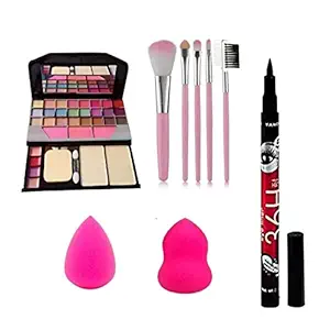 Aasakt TYA Fashion 6155 Multicolour Makeup Kit with 5 Pink Makeup Brushes Set, 36H Eyeliner and 2 Pink beauty Blenders - (Pack of 9)