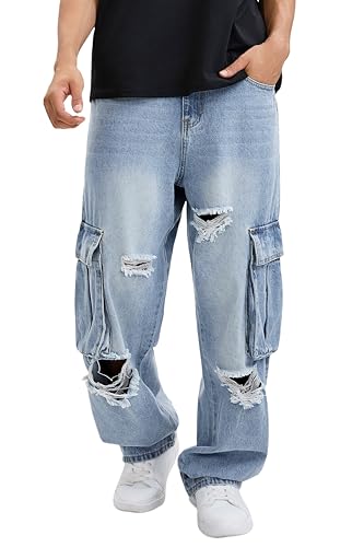 MZNBURAM メンズ ノンストレッチ ルーズフィット ワイドレッグ バギー カーゴ ジーンズ パンツ, B#ライトティントブルーリップド, 38の商品画像（Amazon）