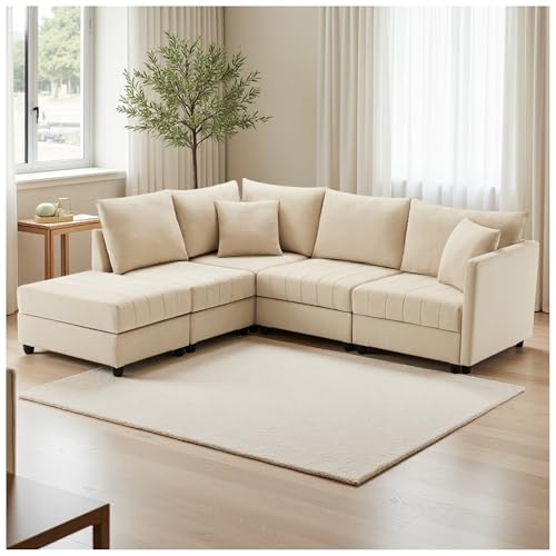 Wyibwy Sofá moderno de esquina, 220 x 194 x 85 cm, sofá de 5 plazas, sofá en forma de L con reposapiés transformable y 2 cojines, a rayas verticales, sofás combinados, sofá beige