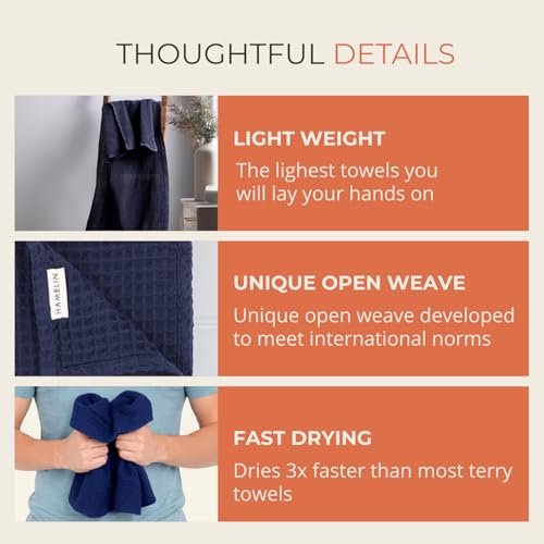 Image of HAMELIN The Ezra Waffle Hand Towel | Pure Cotton Lightweight Anti Microbial & Water Absorbent | Softer Touch Quick Drying Towels | Durable & Long Lasting | Blue | 70 cm x 43 cm | Pack of 1