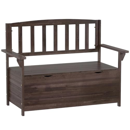 Outsunny Outdoor 2 Seater Garden Bench Wooden Bench with Storage Garden Storage Bench with Backrest Arm Rests for Outdoor Patio Porch 112 x 84 x 58 cm Brown