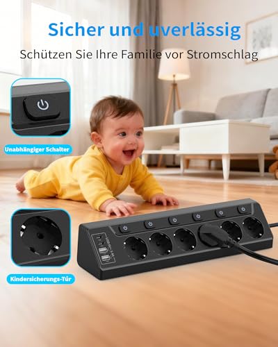Inhwatek Eck Steckdosenleiste Überspannungsschutz mit USB C, 6 Fach Tischsteckdose Mehrfachsteckdose mit 2M Kabel (4000W,16A), Verteilersteckdose für Küchemit Heim Büro 6