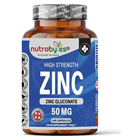 Zinc Capsules High Strength - 50mg Elemental Zinc - 180 Vegan Capsules (6 Month Supply) - Zinc Gluconate - Chelated Zinc Supplements for Immune System, Hair, Skin, Bones, Nails - Made by Nutrabytes Cover