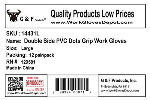 G & F Products Unisex Adult Pvc Dot Work Gloves, Grey, Large 12 Pairs Us #TOP1