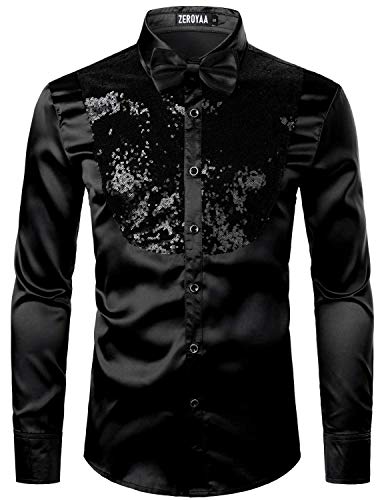 ZEROYAA Men's Shiny Sequins Design Silk Like Satin Button Up Disco Party Dress Shirts