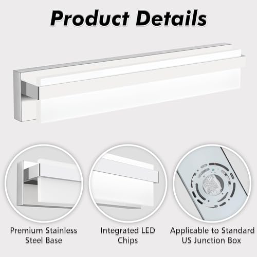 Image of LED Bathroom Vanity Light Fixture Over Mirror Chrome,Stainless Steel Vanity Light for Mirror 22W,6000K Cool White Over Mirror LED Lighting Fixture for Bathroom(25 Inch)