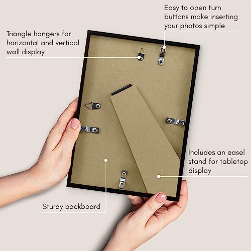 Americanflat 7x10 Picture Frame with Shatter-Resistant Glass - Streamline Collection - Thin Border Photo Frame for Tabletop and Wall Display - Hanging Hardware and Easel Stand Included - Black