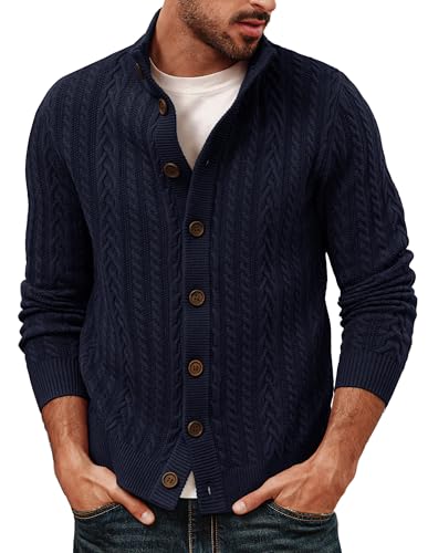 PJ PAUL JONES Men's Cardigan Sweaters Button Down Stand Collar Cardigans Casual Textured Knitted Sweater Navy Blue