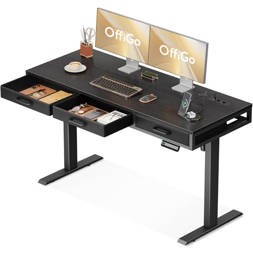 Preisvergleich Produktbild OffiGo Schreibtisch Höhenverstellbarer mit Schubladen, 140cm Höhenverstellbarer Schreibtisch, Schwarz Elektrischer Tisch höhenverstellbar für Heimbüro