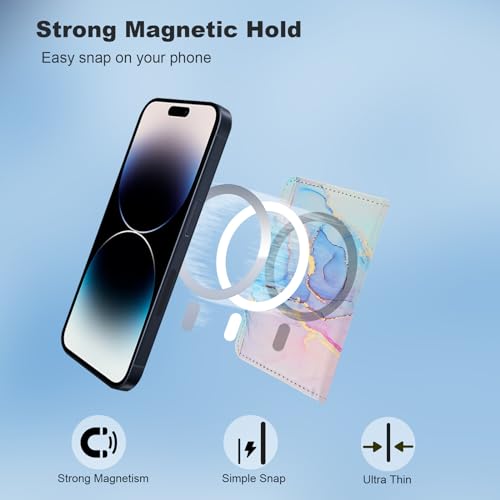 Image of HAOPINSH for MagSafe Wallet Magnetic Wallet Card Holder, Pink Blue Marble Pattern Detachable Adjustable Flip Leather Kickstand Mag Safe Card Slots RFID Blocking for iPhone 16 /15 /14 /13 /12 Series