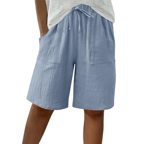 Damen Shorts Sommer,High Waist Kurze Hose Knielang mit Tunnelzug und Taschen Bequeme Freizeitshorts Locker Luftig Strandhose Elegant Einfarbige Weites Bein Sommerhose Jogginghose für Alltag & Urlaub